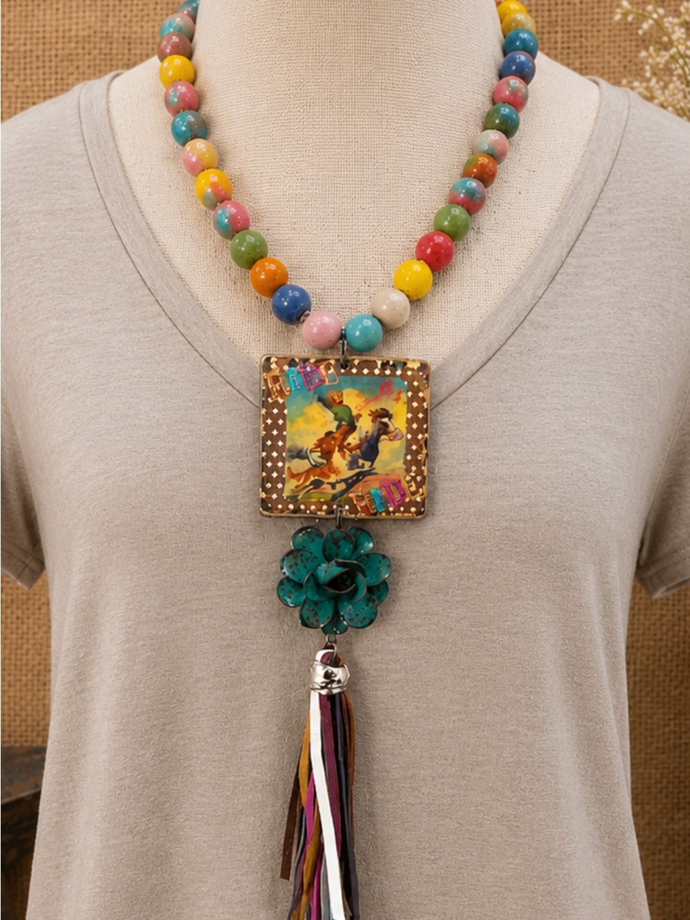 Gypsy South Ride Sally Ride Boho Multicolor Beaded Necklace with Turquoise Flowe